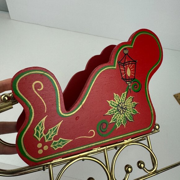 Vtg Christmas Holiday Santa Sleigh Sled Wood Metal Gold Legs Skis Red Green READ - Picture 9 of 11